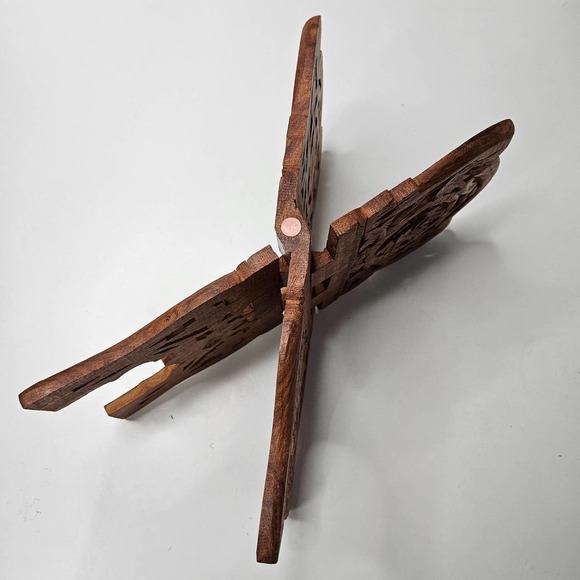 Hand Carved Wooden Book Holder Cookbook Stand Countertop Bohemian Boho India - Picture 5 of 12